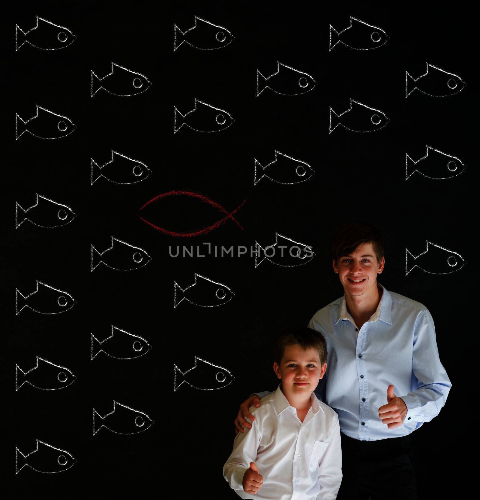 Thumbs up boy business man and teacher with independent Jesus, God, Christianity fish by alistaircotton