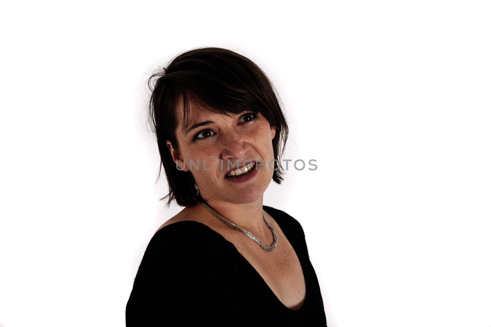 variation of expression on the face of a young brunette woman in studio with a colored scarf