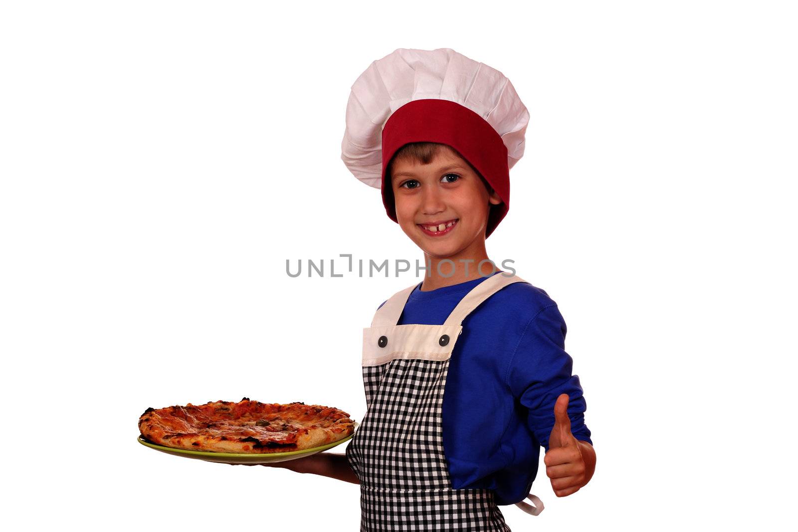 boy chef hold pizza and ok hand sign