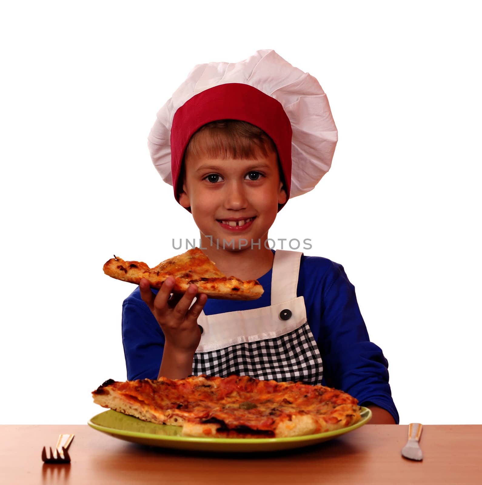 hungry boy chef eat pizza on white 