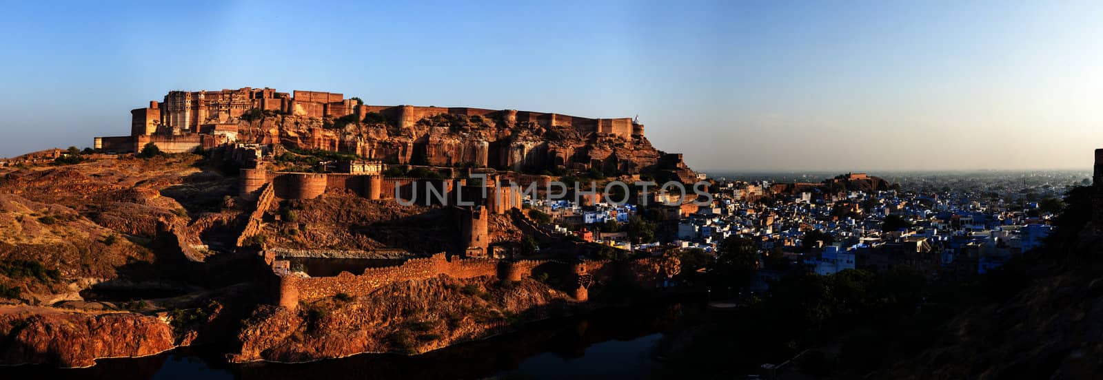Panorama of Mehrangarh Fort and Padamsar Talab and Ranisar Talab lakes , Jodhpur, Rajasthan, India