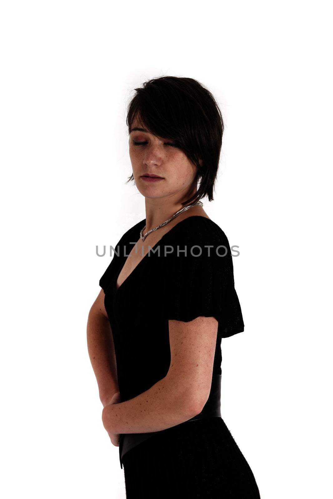 variation of expression on the face of a young brunette woman in studio with a colored scarf