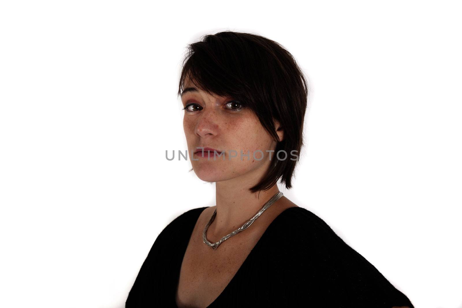 variation of expression on the face of a young brunette woman in studio with a colored scarf