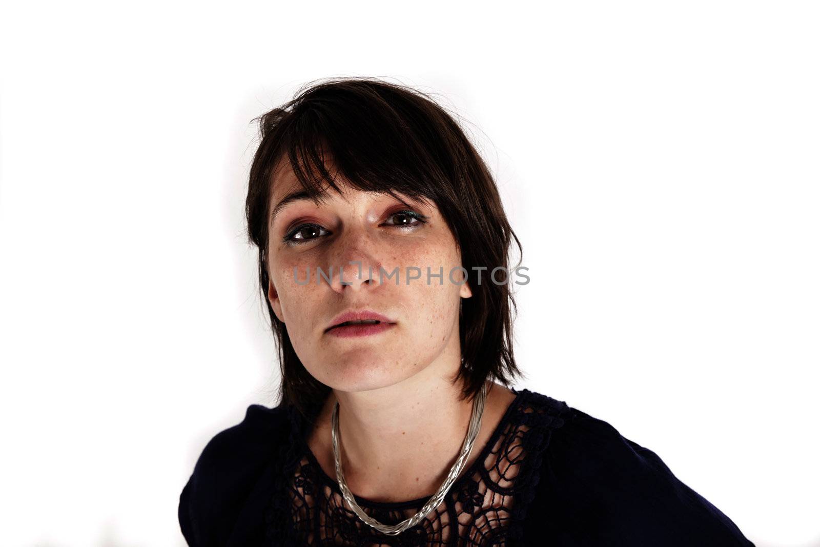 variation face of a young brunette woman on studio