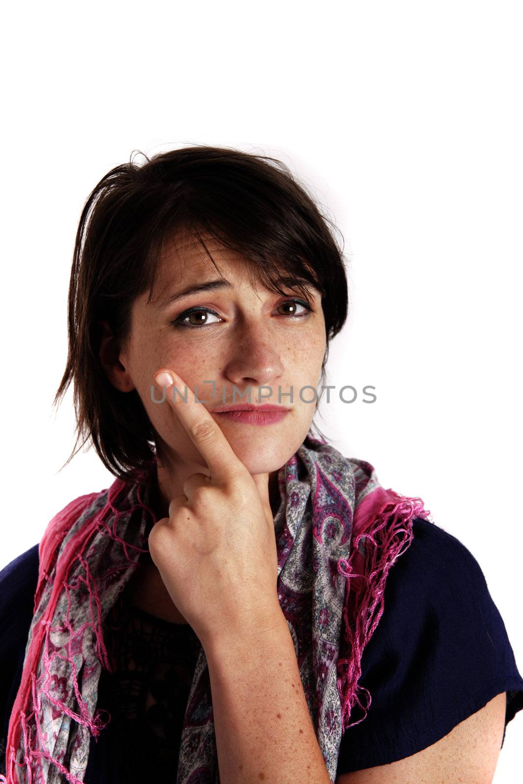 humourous portrait ogf a young woman with finger on her mouth by macintox