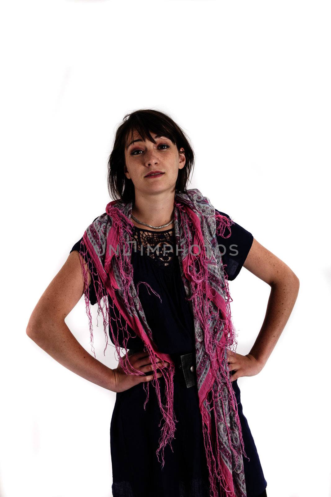 young brunette on studio with colored scarf by macintox