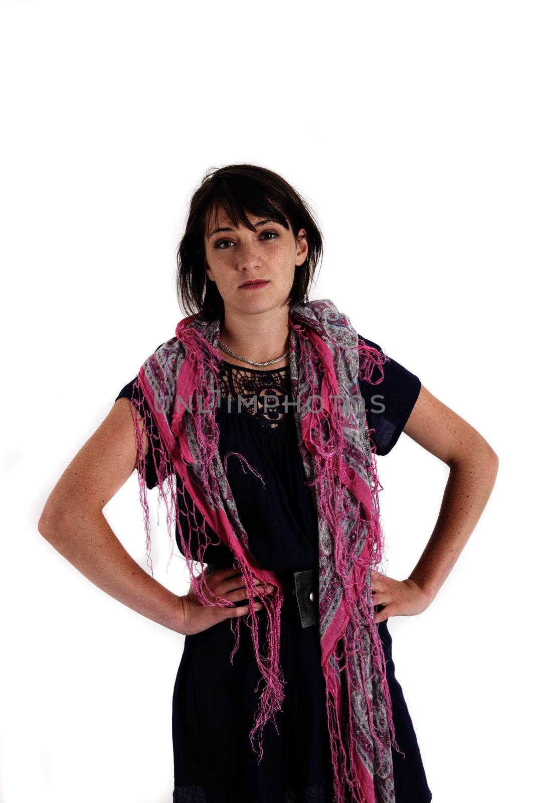 young brunette on studio with colored scarf by macintox