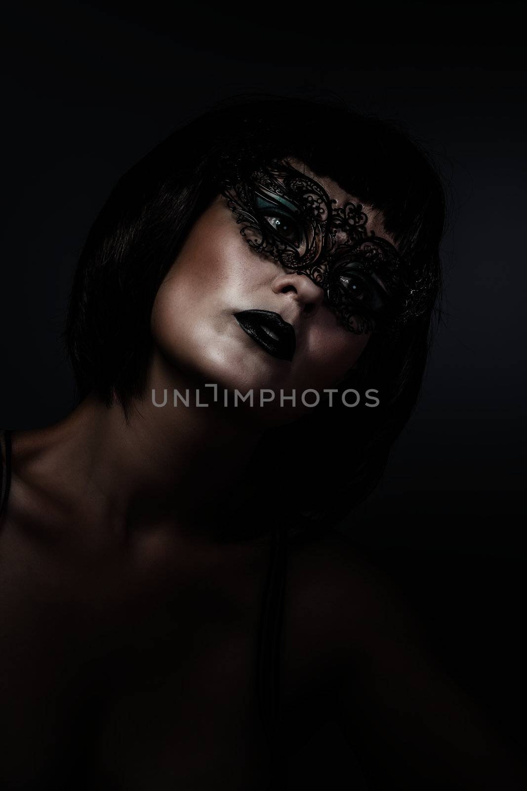 Doll, beautiful brunette with short hair and Venetian mask, caba by FernandoCortes