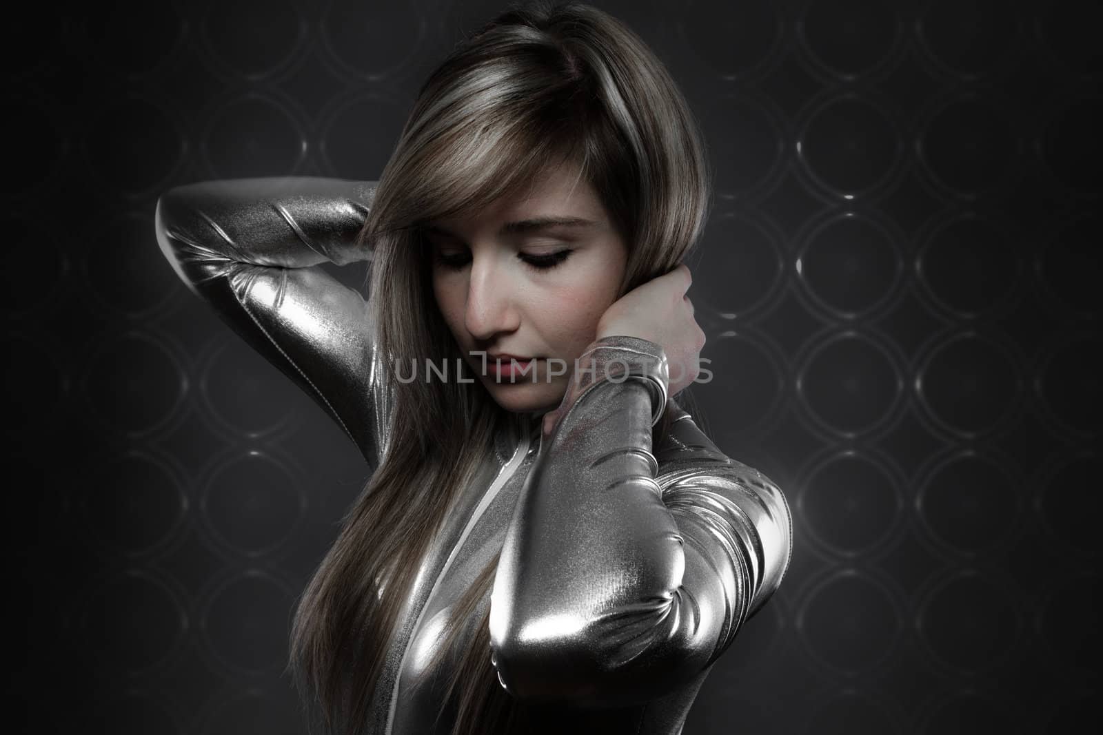 modern concept, beautiful blonde with silver effects, communication and Internet