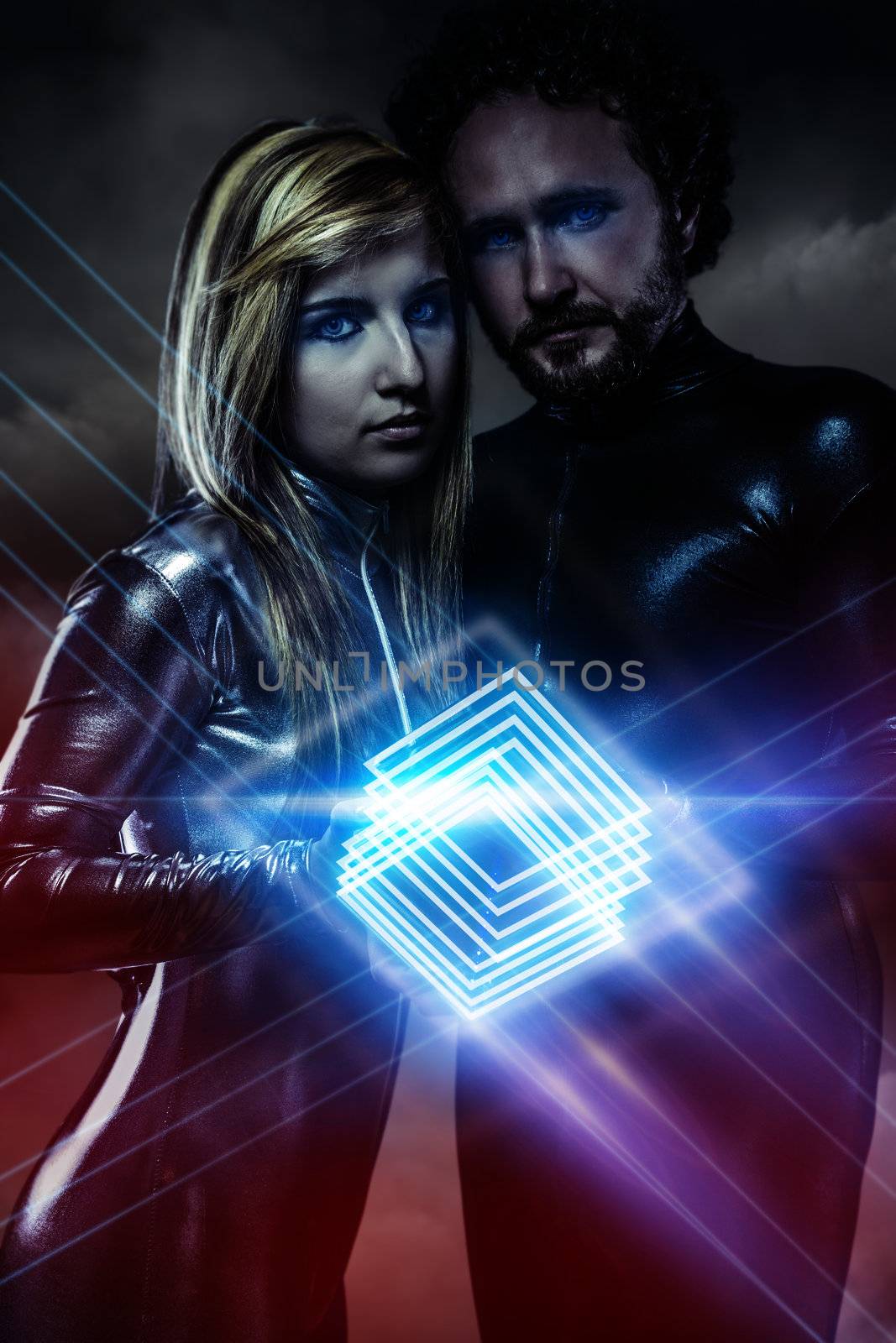 Lovers, couple of super heroes of the future holding a blue square