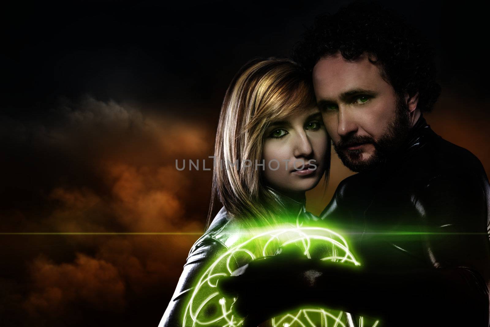 Lovers, couple of super heroes of the future, green shield over cloudscape
