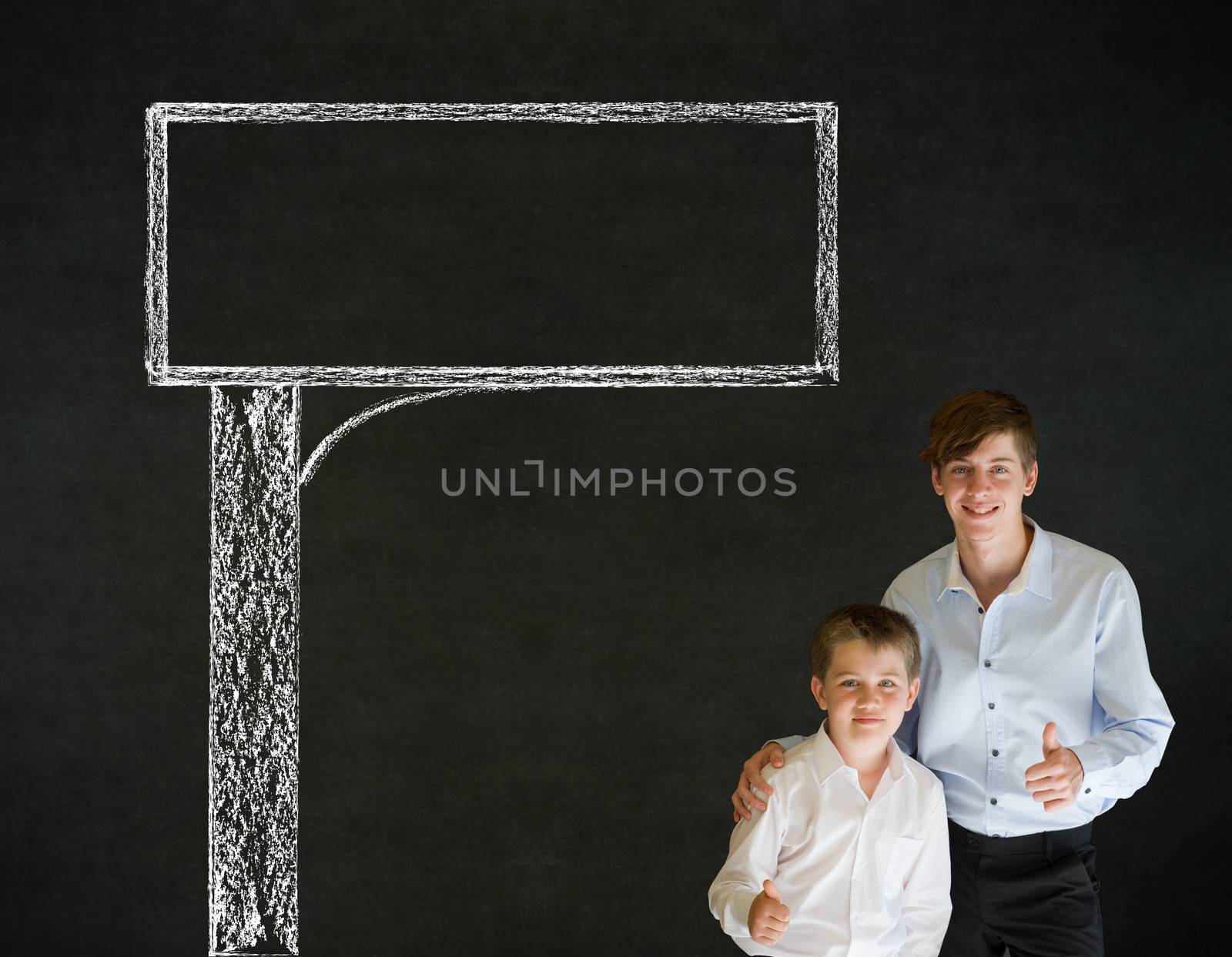 Thumbs up boy business man and teacher with chalk road advertising sign by alistaircotton