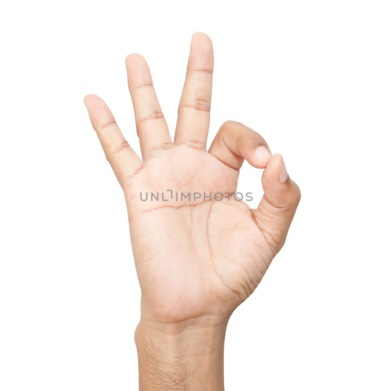 Hand OK sign on white background