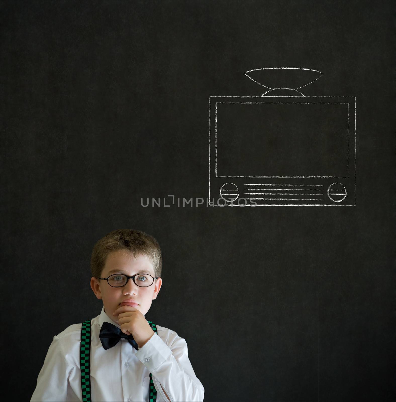 Thinking boy business man with chalk tv television by alistaircotton