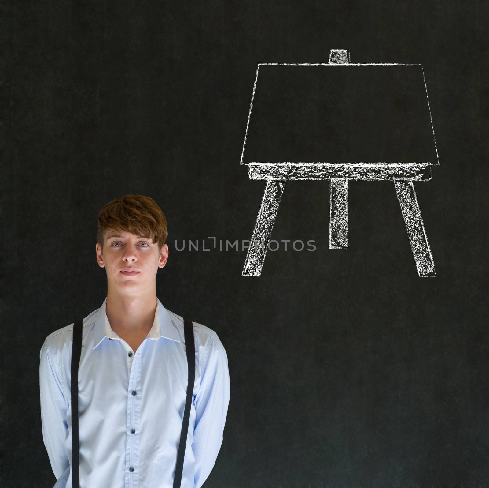 Learn art teacher man with easel chalk blackboard background