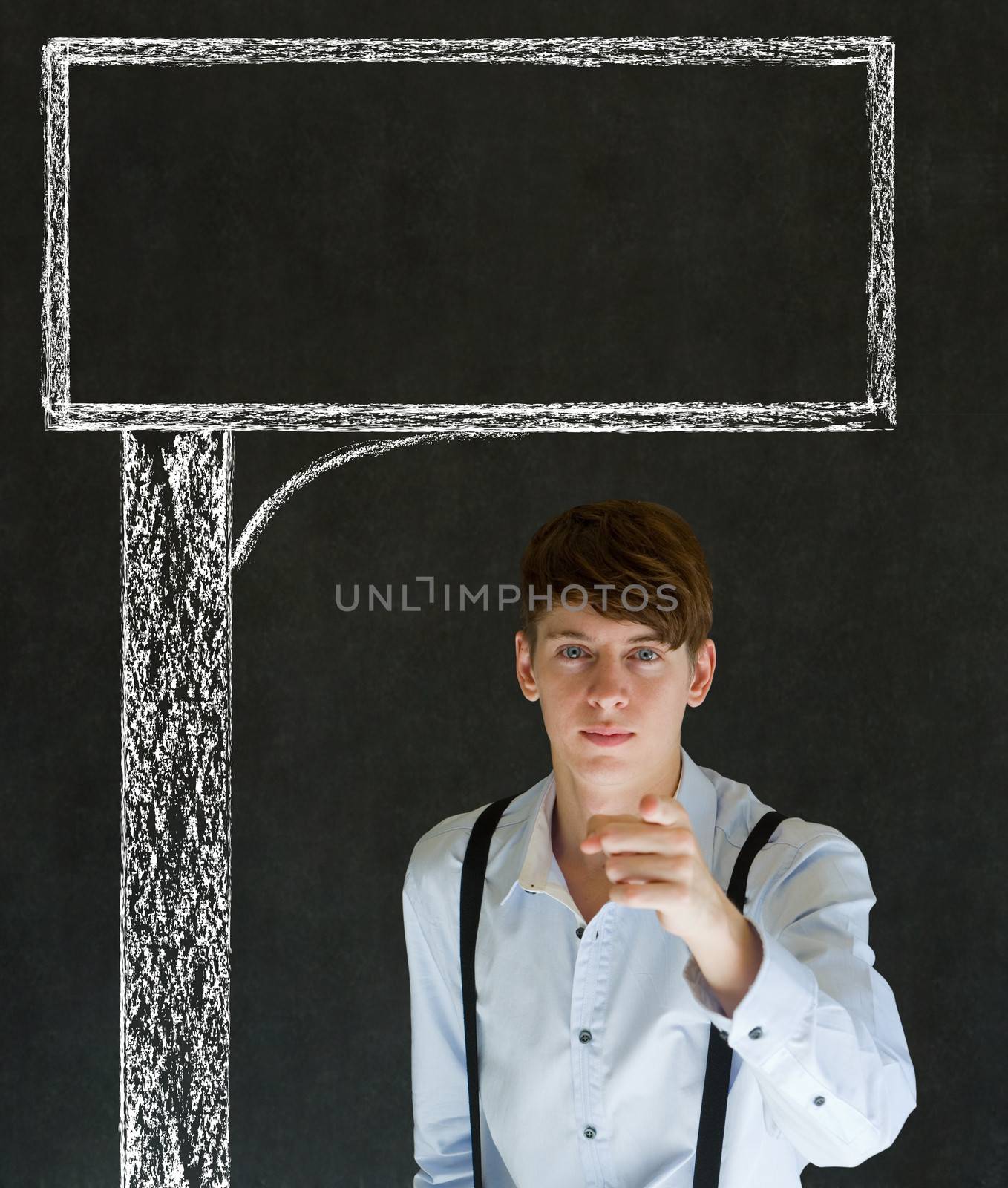 Businessman, teacher or student with chalk road advertising sign blackboard background