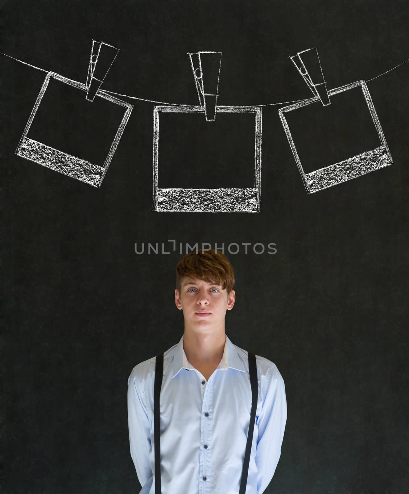 Businessman, teacher or student with chalk instant photograph style photographs on clothes line blackboard background