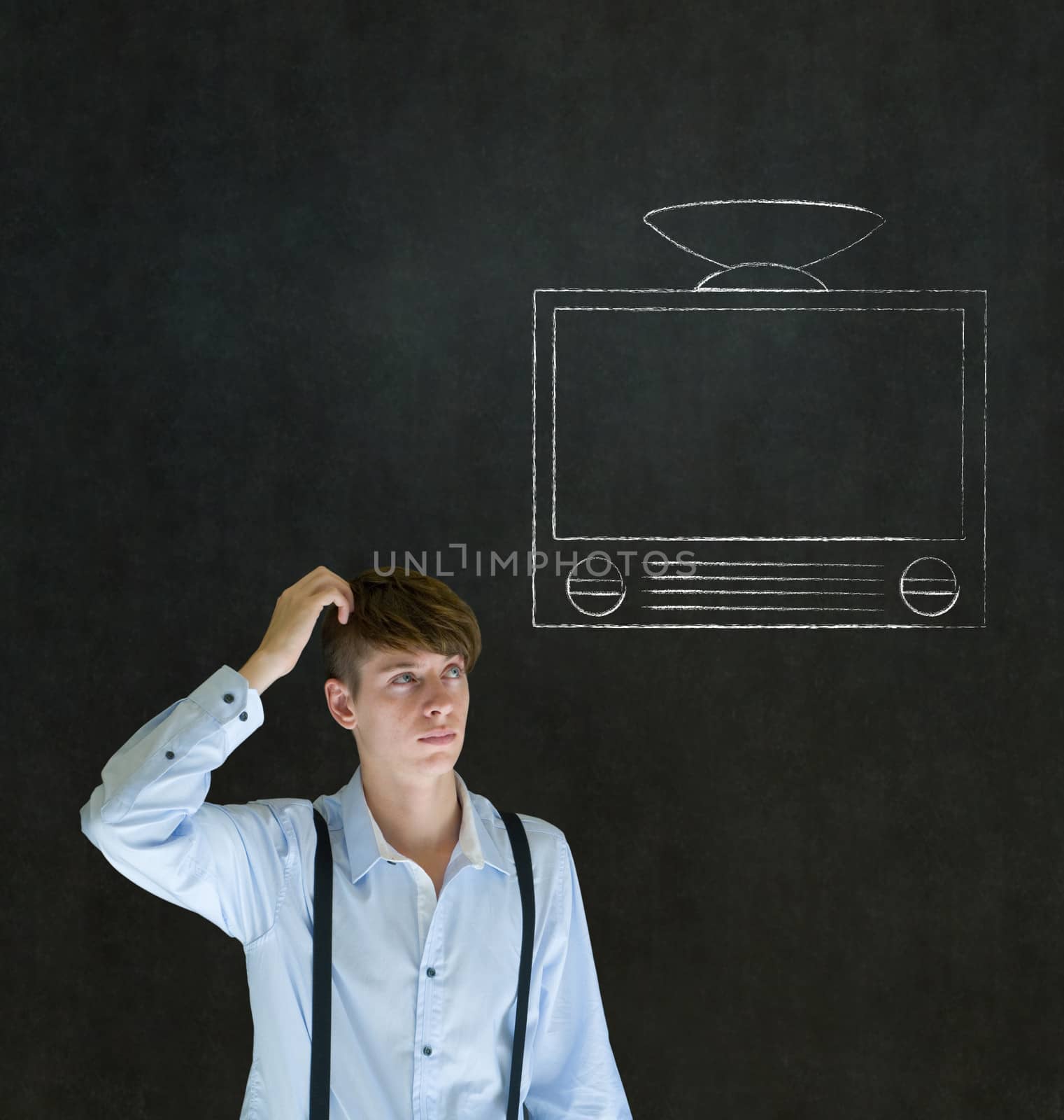 Businessman, teacher or student chalk tv blackboard background by alistaircotton