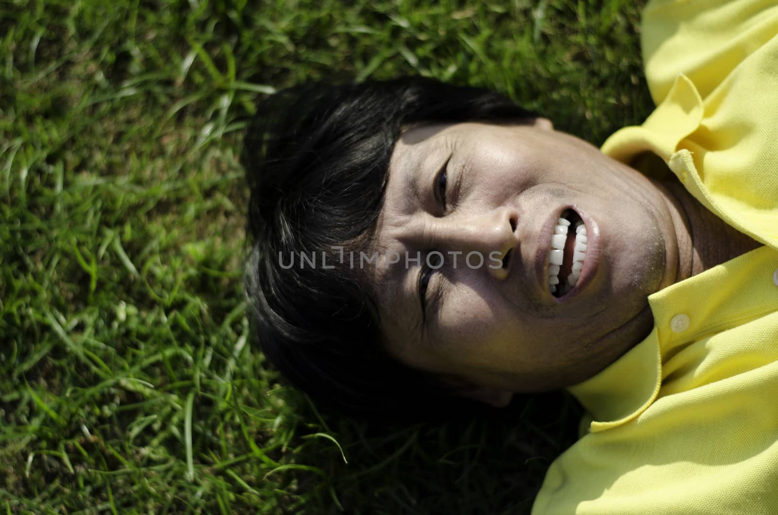 portrait of a happy man laying on grass in summer park