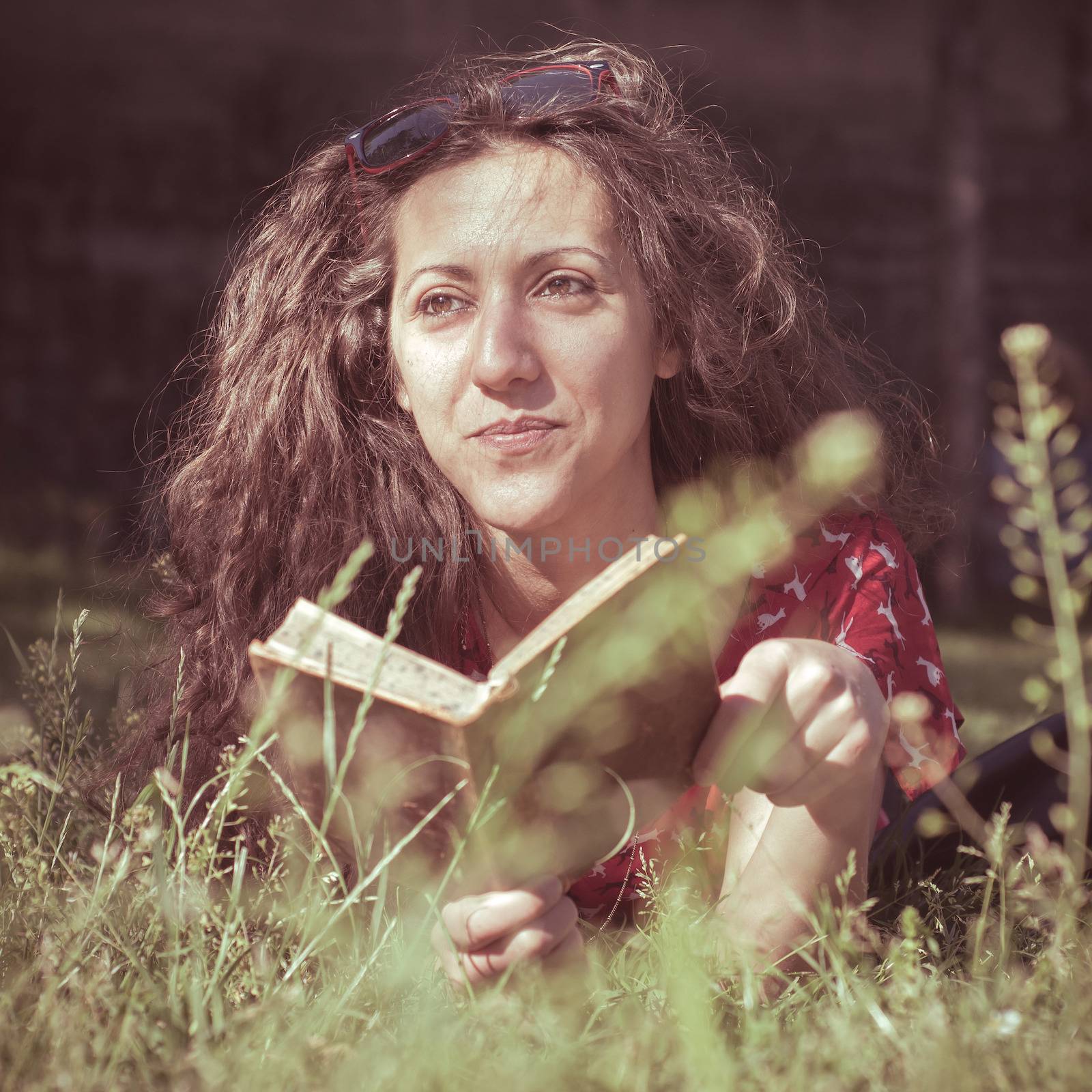 eastern hipster vintage woman reading book by peus