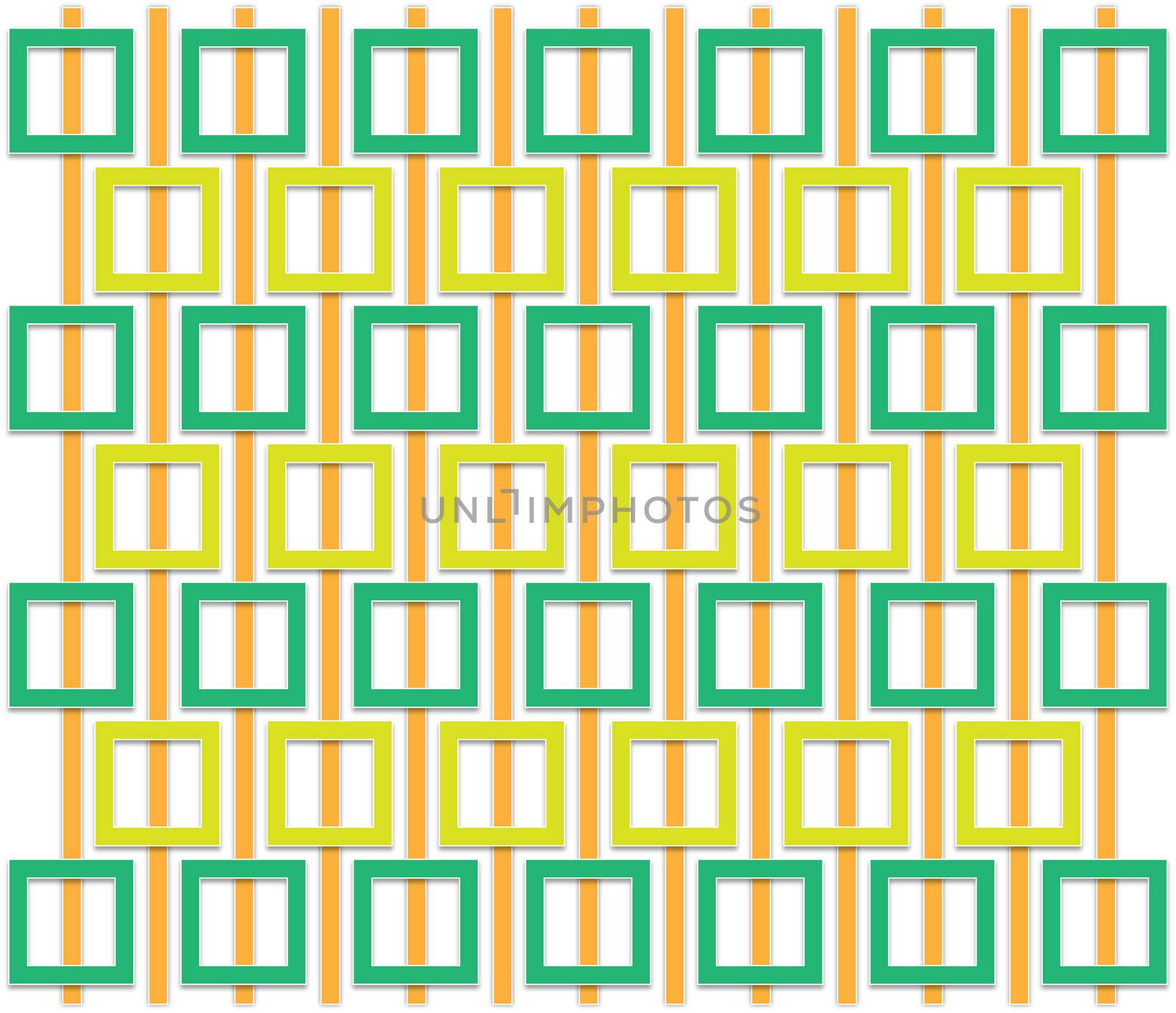 Abstract pattern of orange and green squares regularly distributed over the area