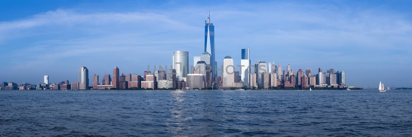 Panorama of lower Manhattan of New York City from Exchange Place at dusk with World Trade Center at full height of 1776 feet May 2013