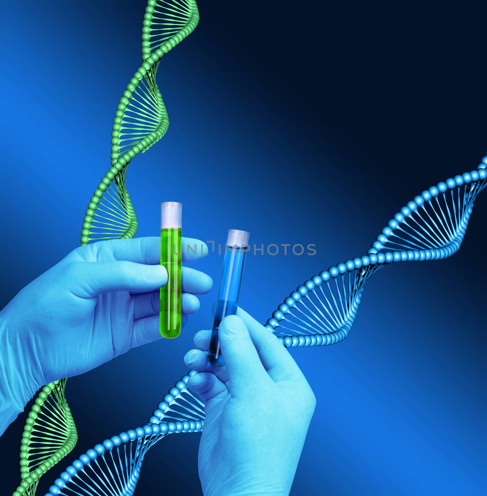 Chemist hands holding test tubes, DNA helix model background