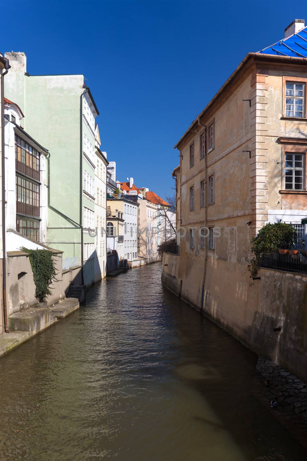 Narrow river channels in Prague. Czech Republic