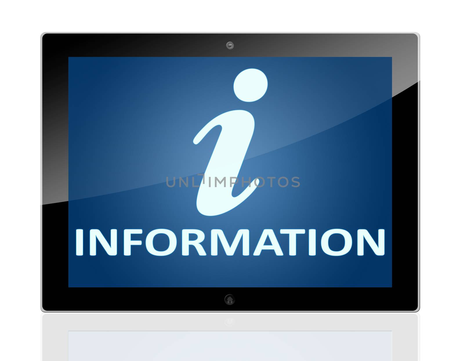 Tablet PC with info symbol and word information on blue background - isolated on white background