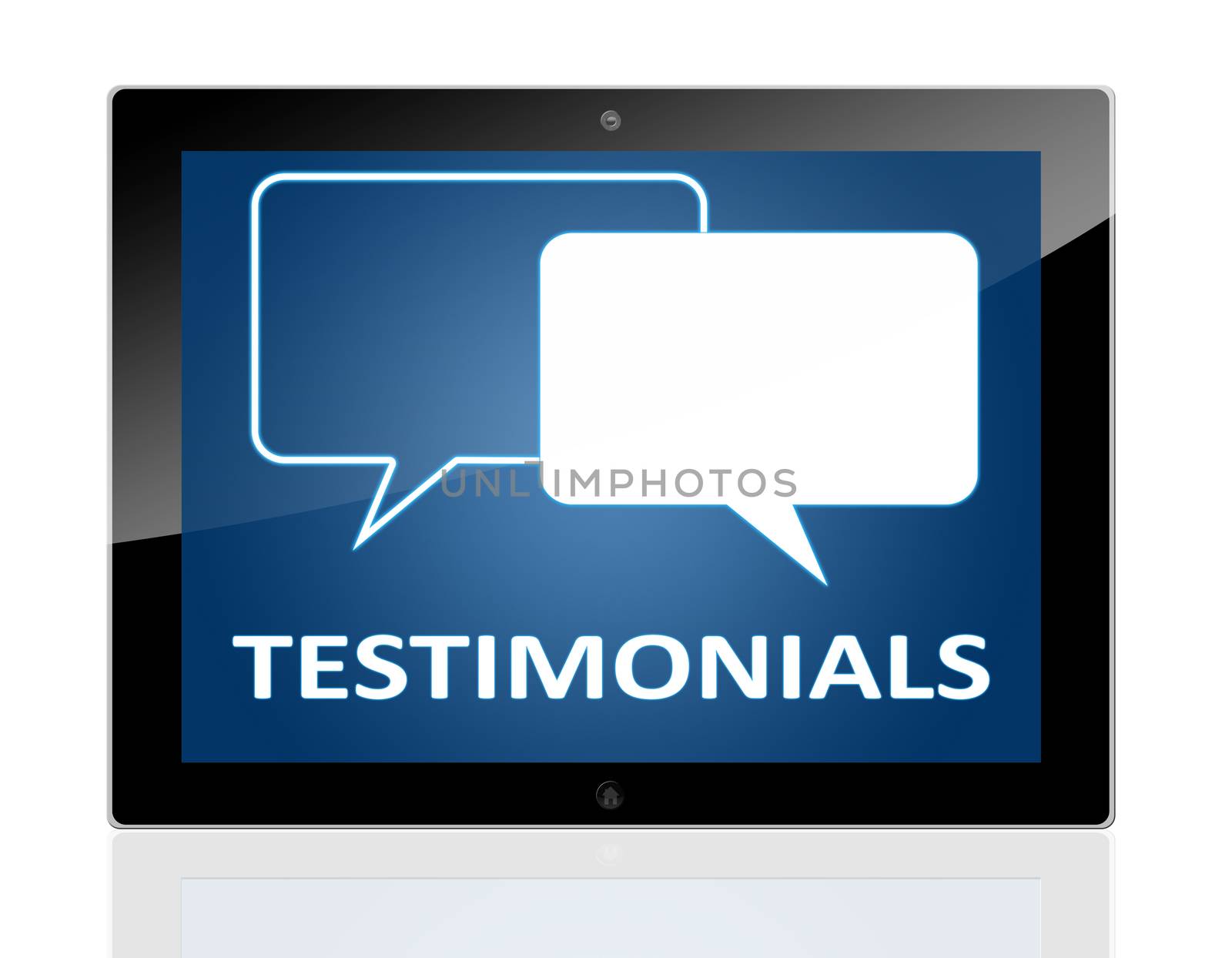Tablet PC with chat symbols and word testimonials on blue background - isolated on white background