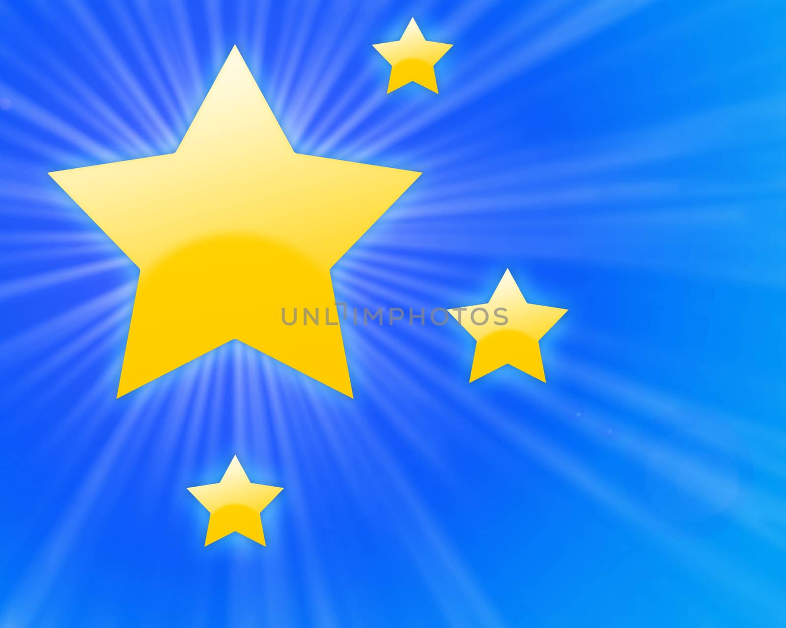 Yellow shining stars with light rays on a blue gradient background