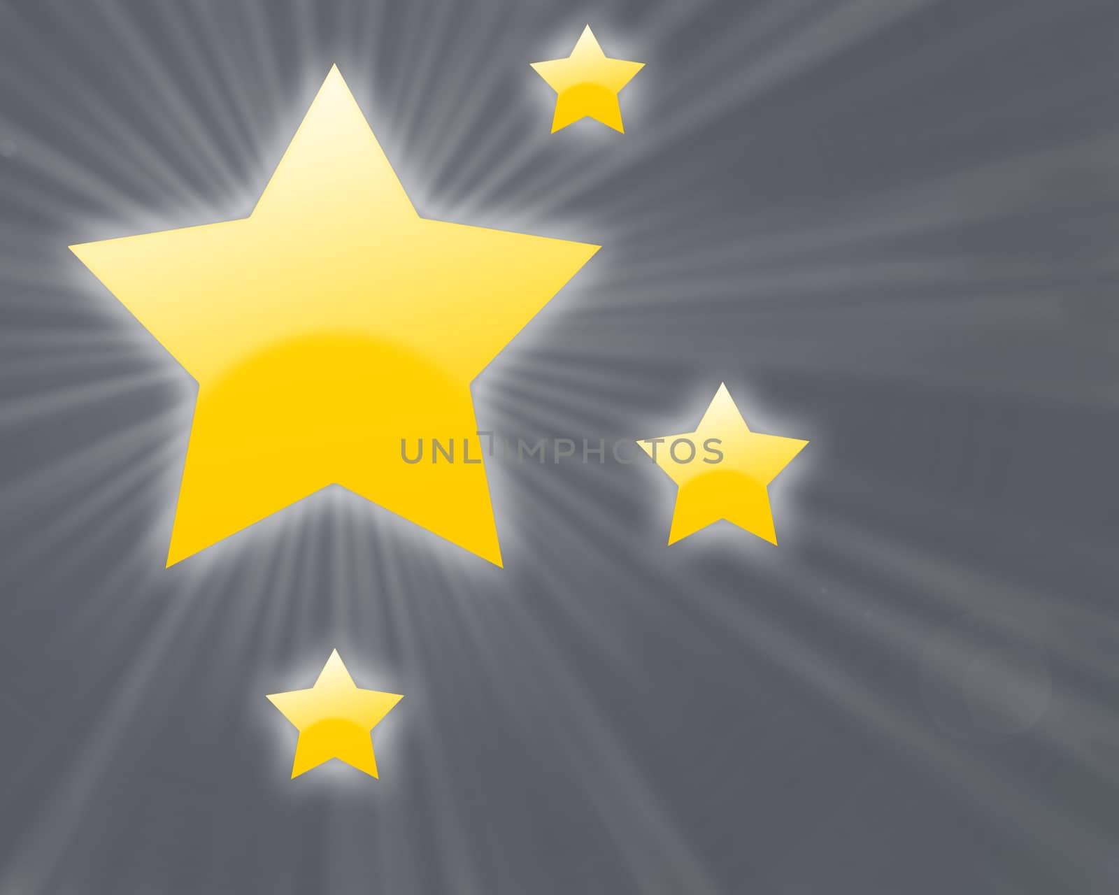 Yellow shining stars with light rays on a grey gradient background