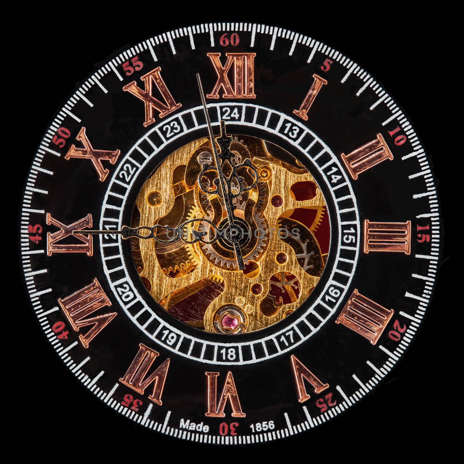 Macro shot of the face of an old pocket watch with a hand-wound mechanical movement. Clock shows hands approaching midnight
