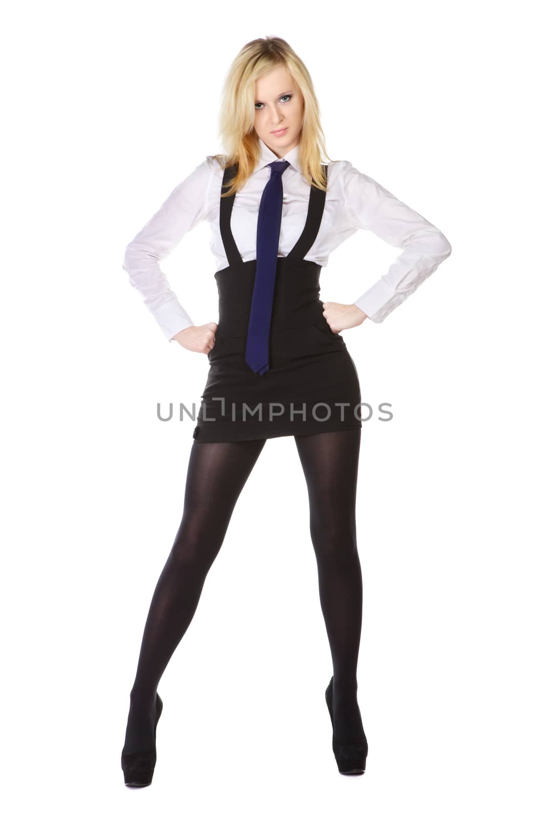 beautiful girl in school uniform, isolated on white