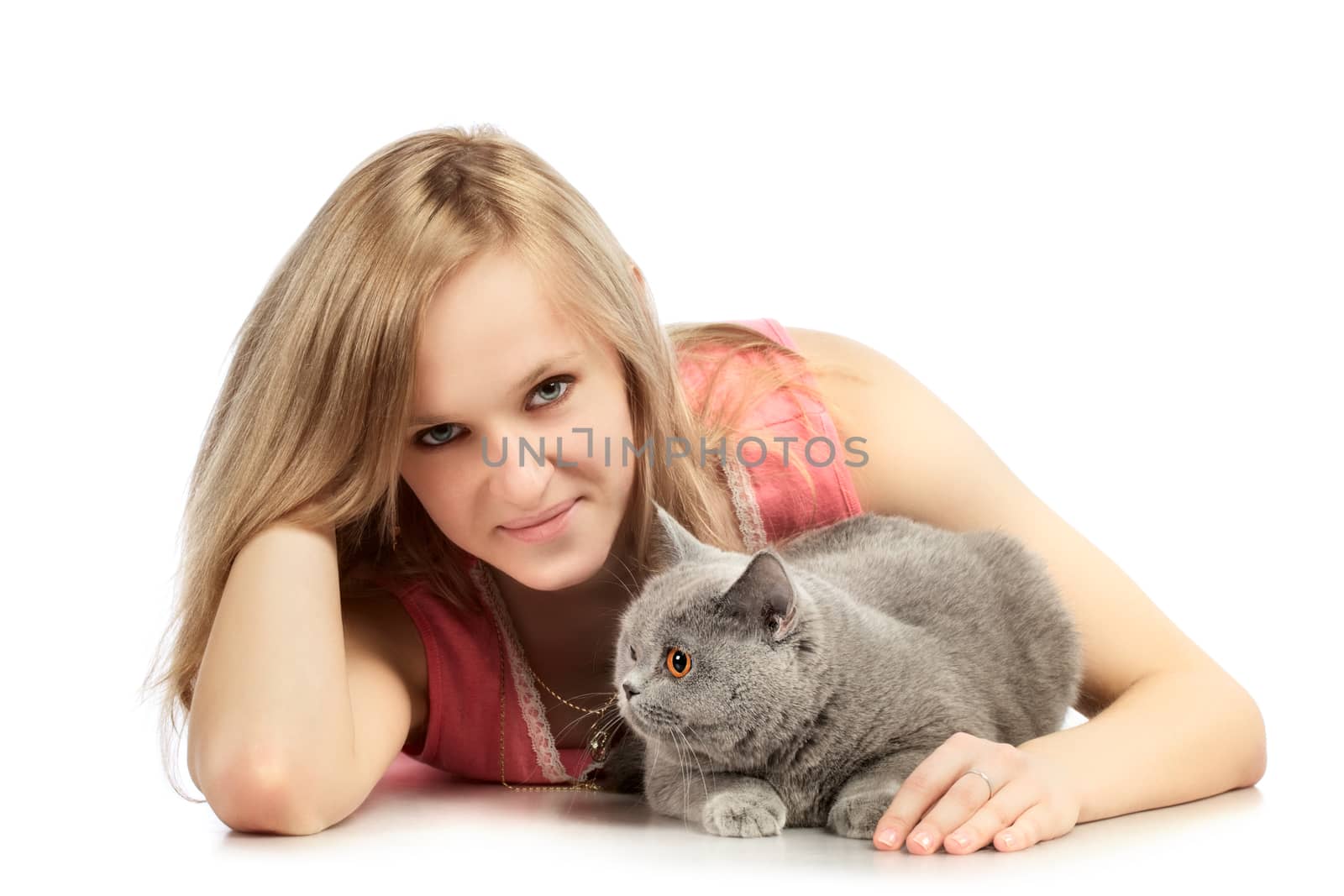 beautiful girl with cat, isolated on white