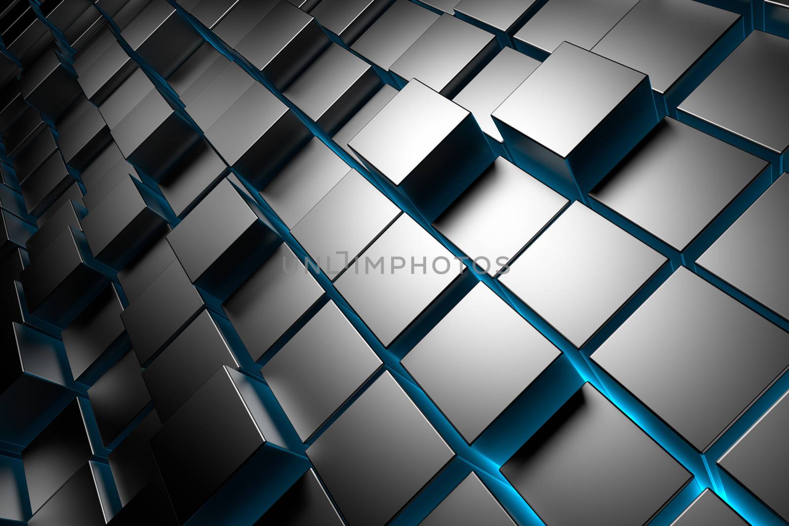 Metallic cubes. Abstract background with blue light. 3d render
