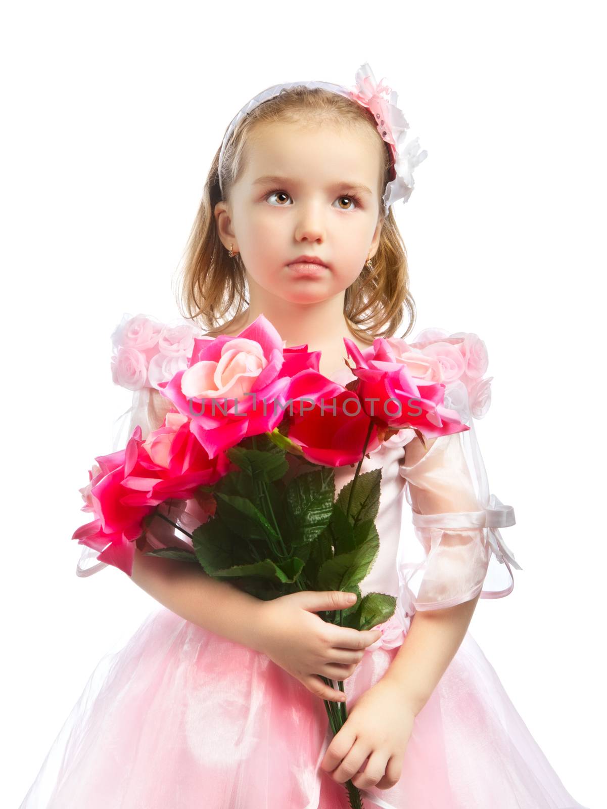 beautiful little girl with red rose bouquet
