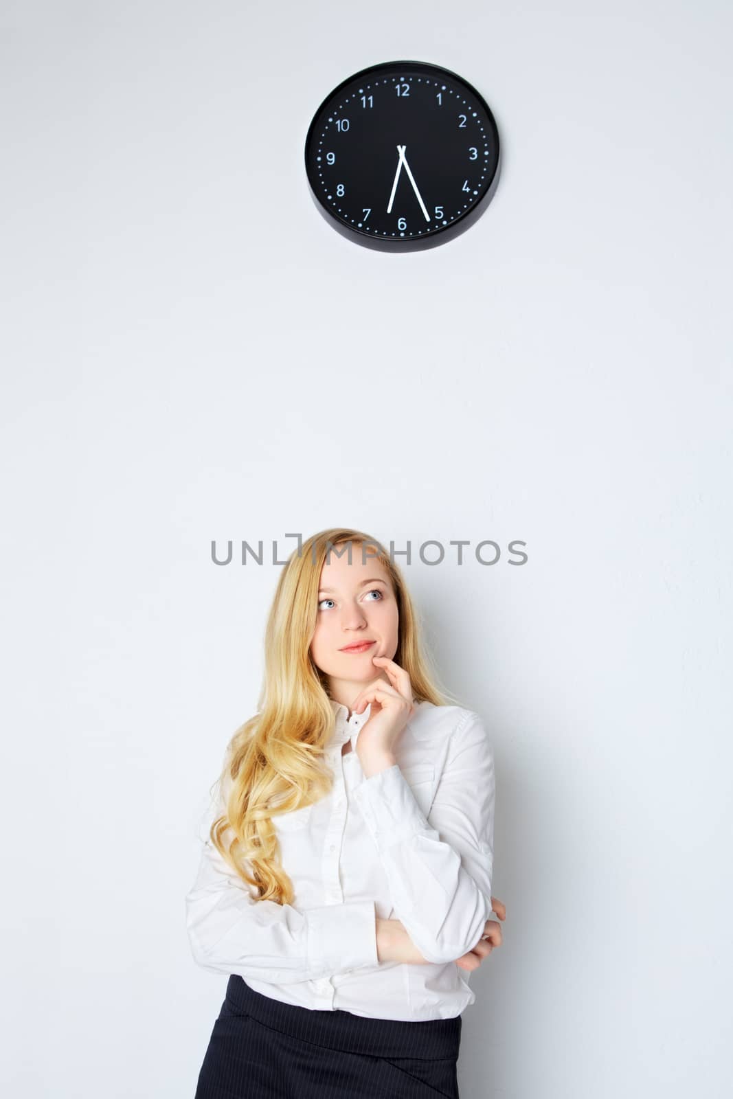 Office Girl Looking on Clock by petr_malyshev
