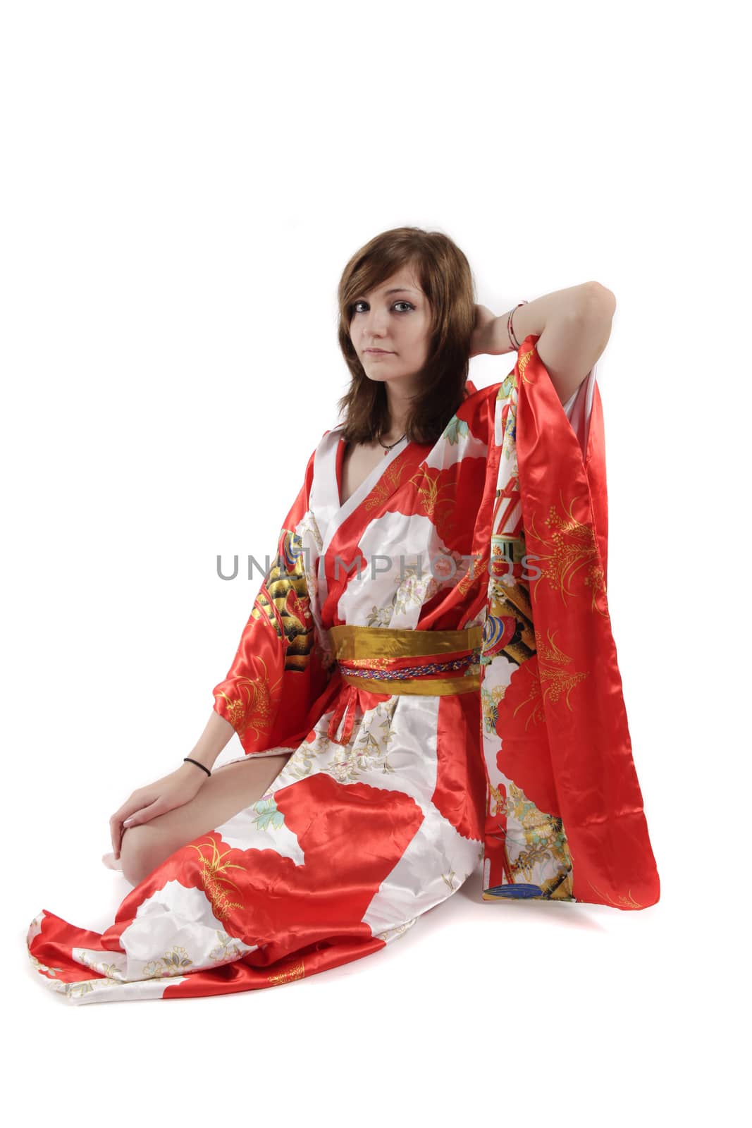 french young girl geisha in red silk kimono