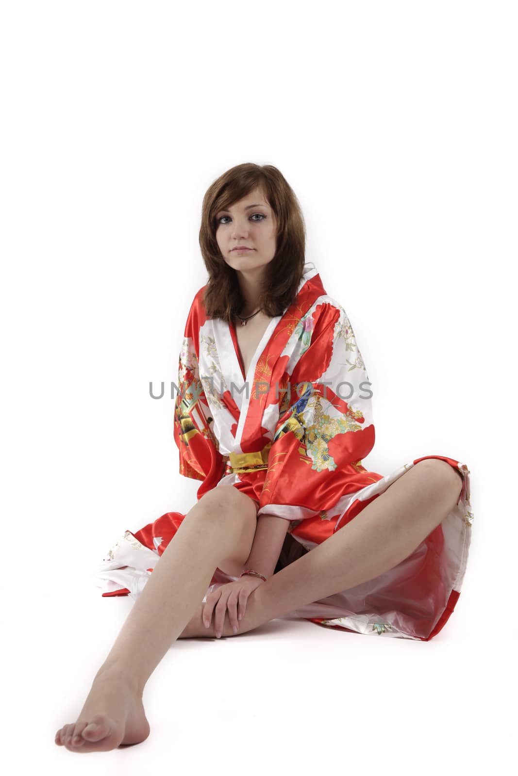 french young girl geisha in red silk kimono