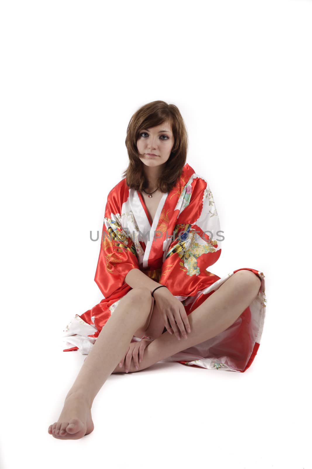 french young girl geisha in red silk kimono