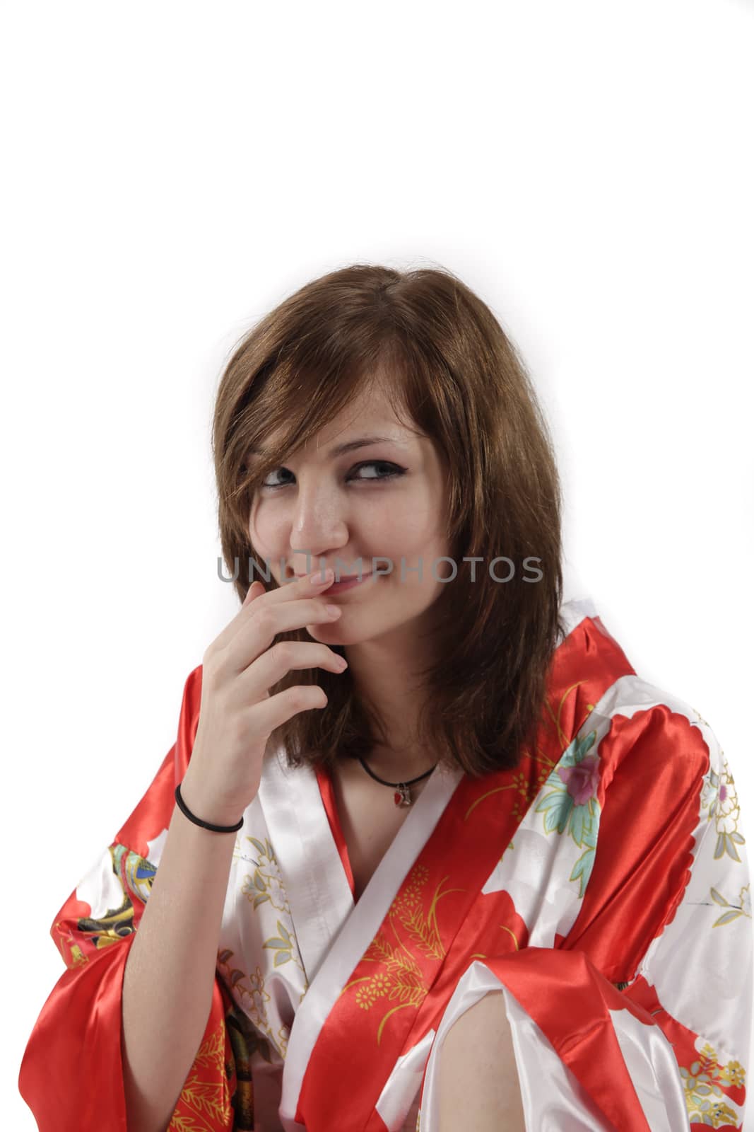 french young girl geisha in red silk kimono