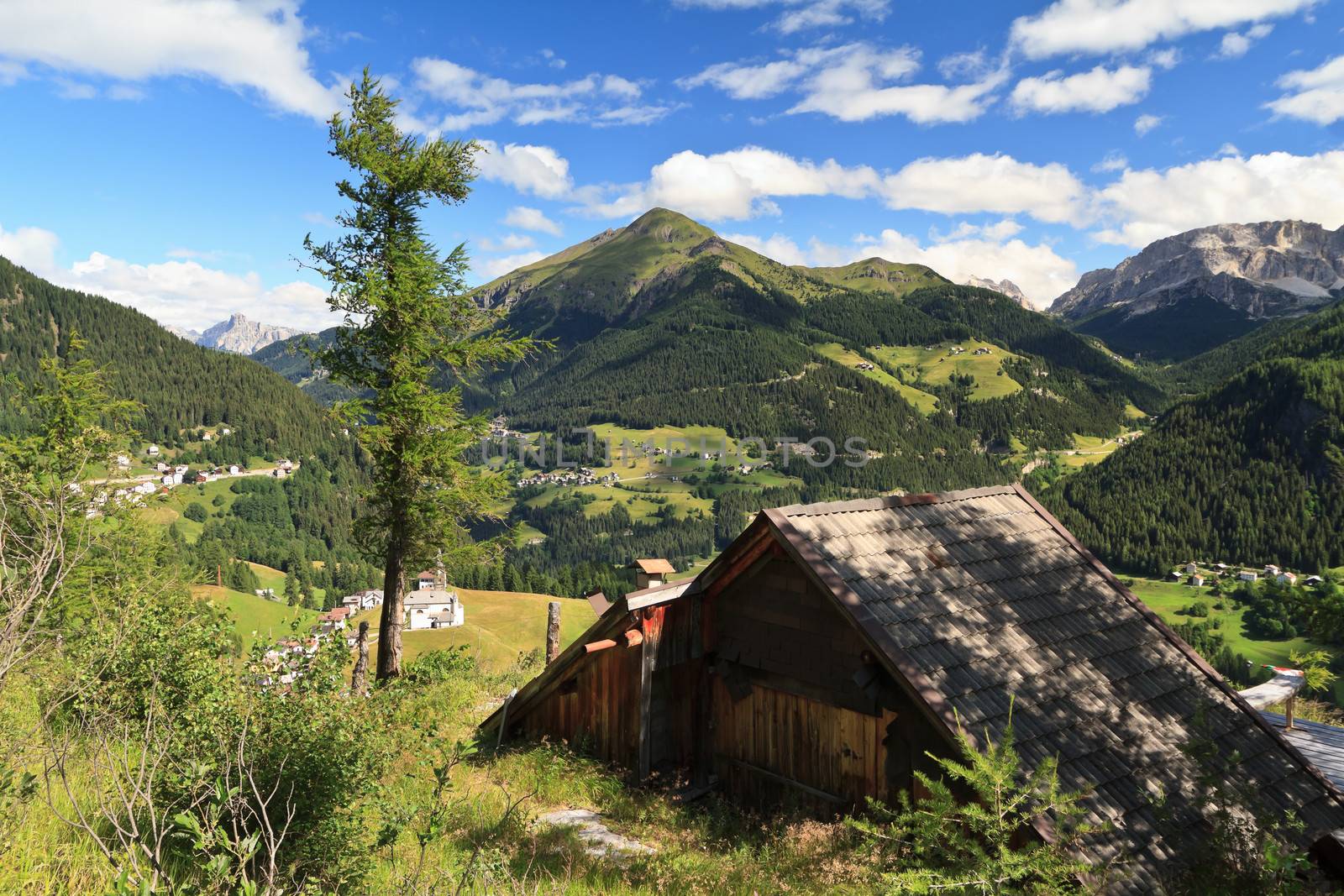 aerial view of Laste village and Cordevole valley from Sass de Rocia, Italian Dolomites
