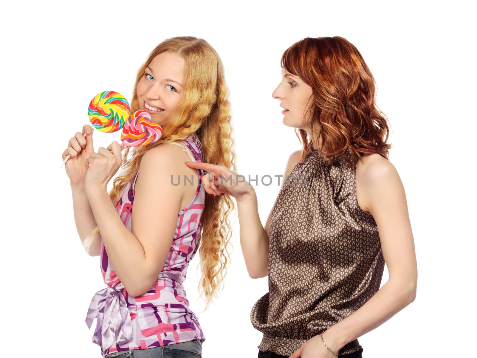 happy girls with lollipops, isolated on white