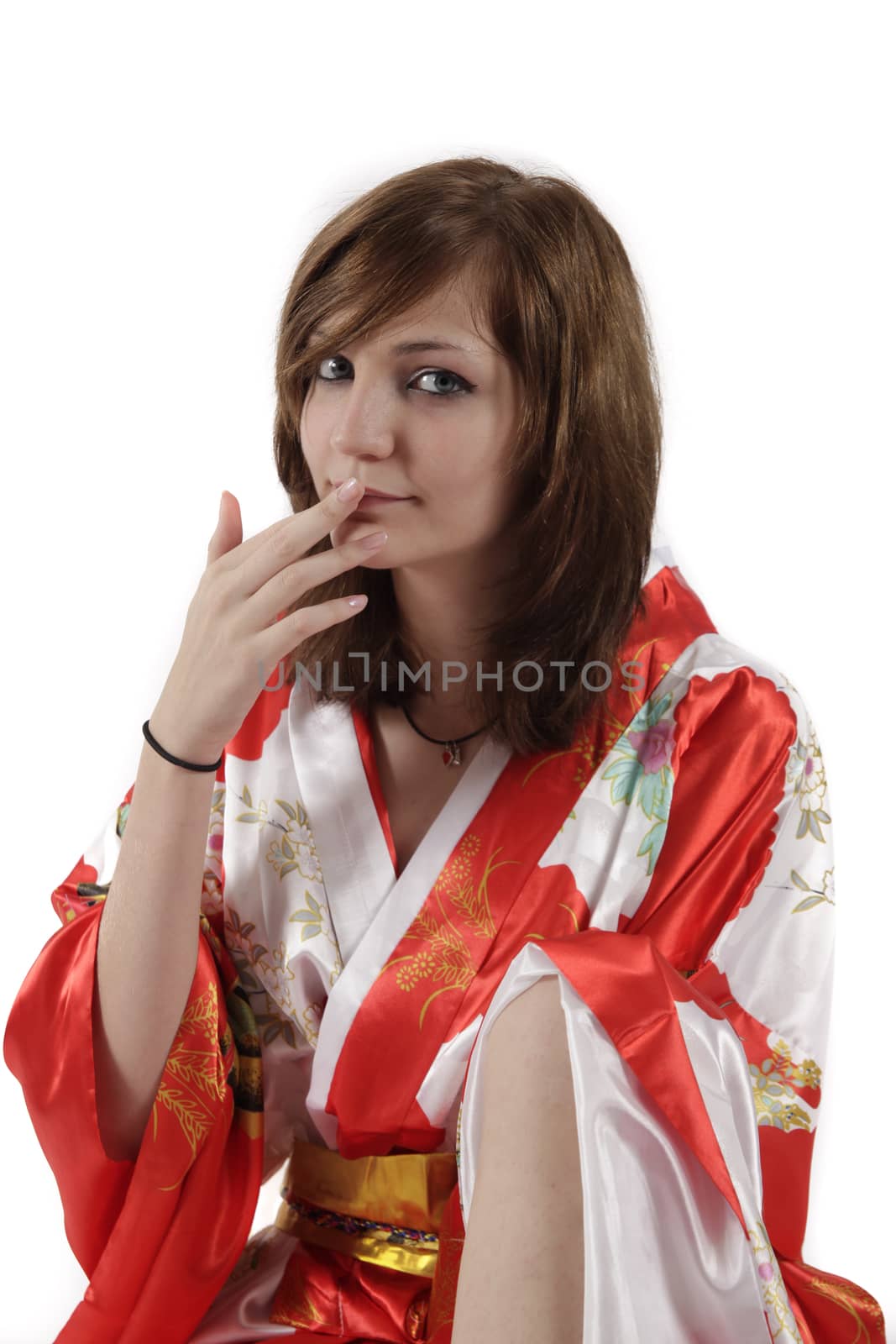 french young girl geisha in red silk kimono