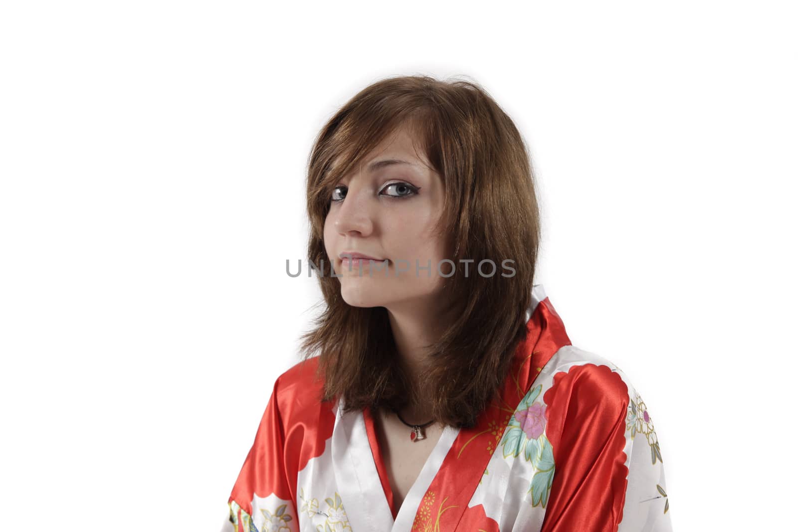 french young girl geisha in red silk kimono