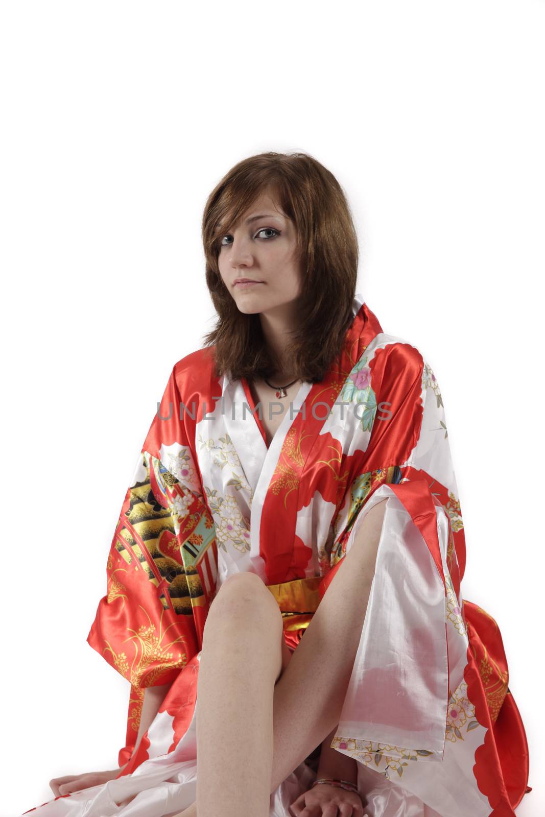 french young girl geisha in red silk kimono