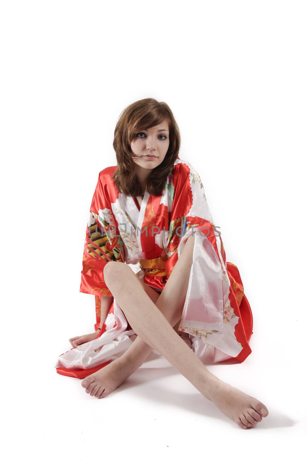 french young girl geisha in red silk kimono