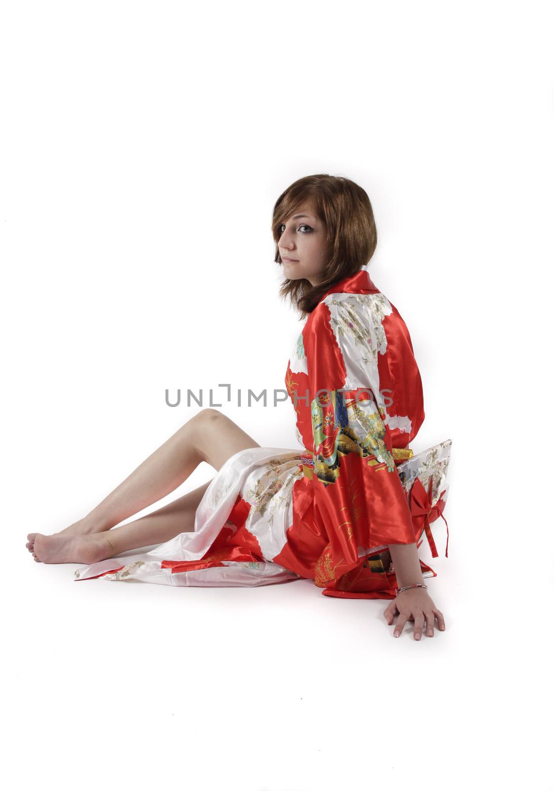 french young girl geisha in red silk kimono