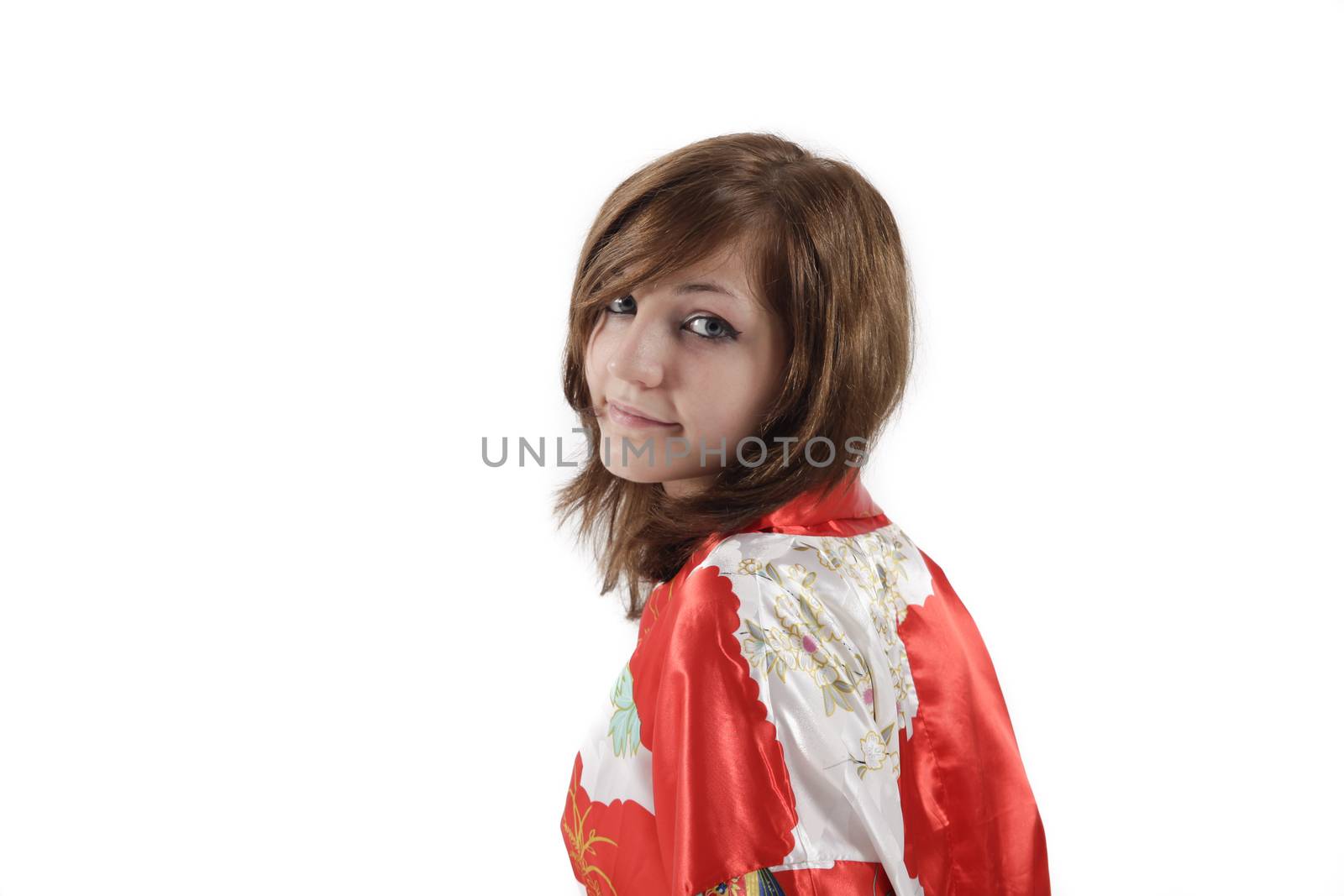 french young girl geisha in red silk kimono